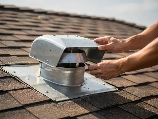 Westerville Dryer Vent Cleaning certified technician safely cleaning a roof-mounted dryer vent in Westerville