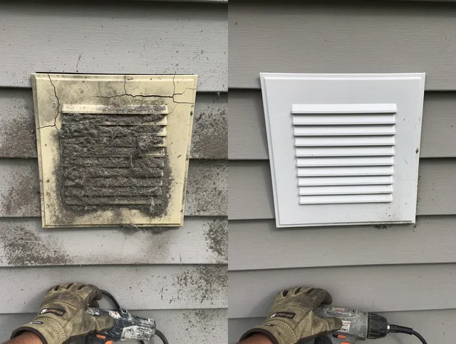 Westerville Dryer Vent Cleaning technician installing high-quality dryer vent cover at a residential property in Westerville